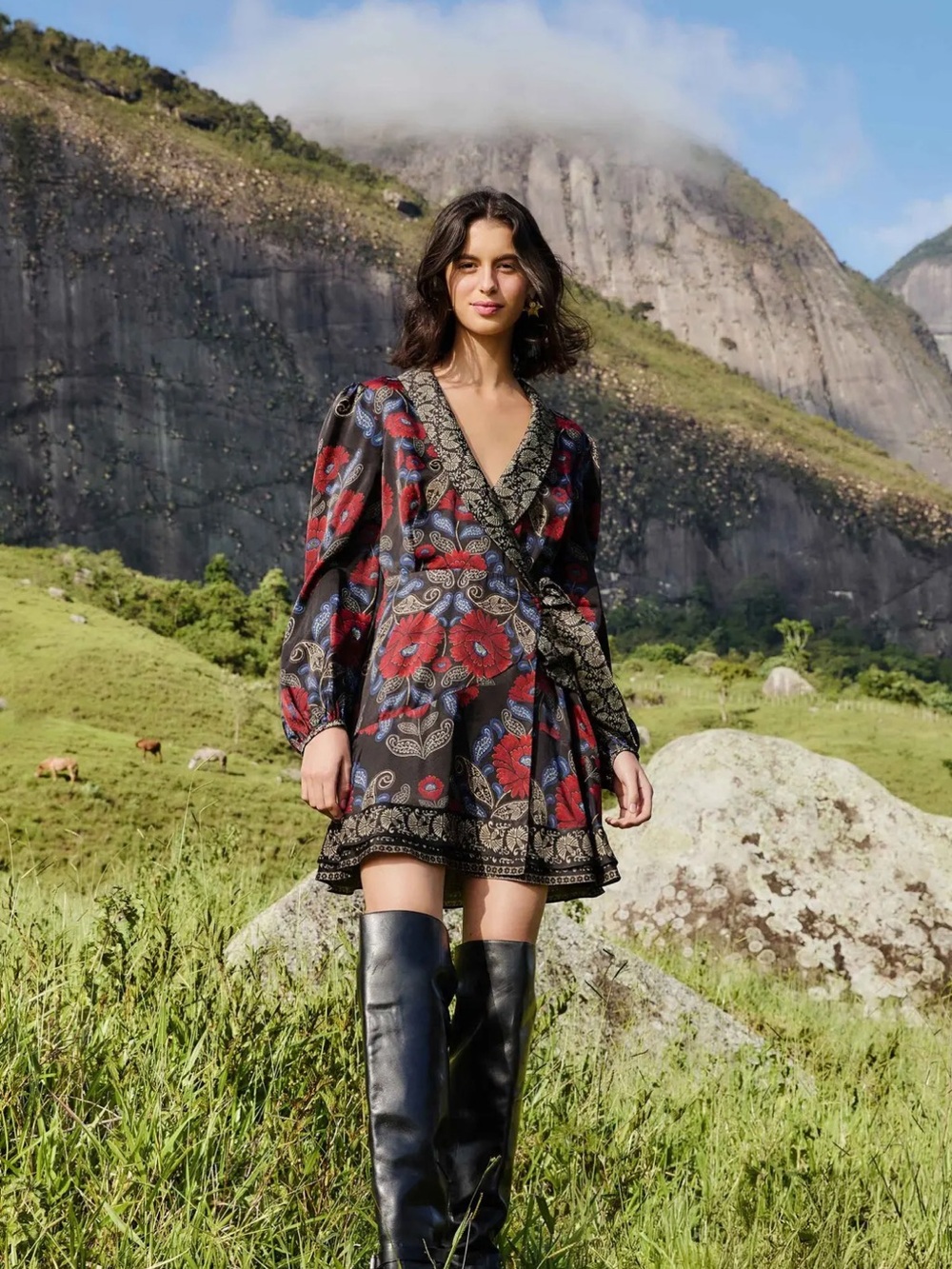 FARM Rio Black Mini Wrap Dress with Red Floral Print